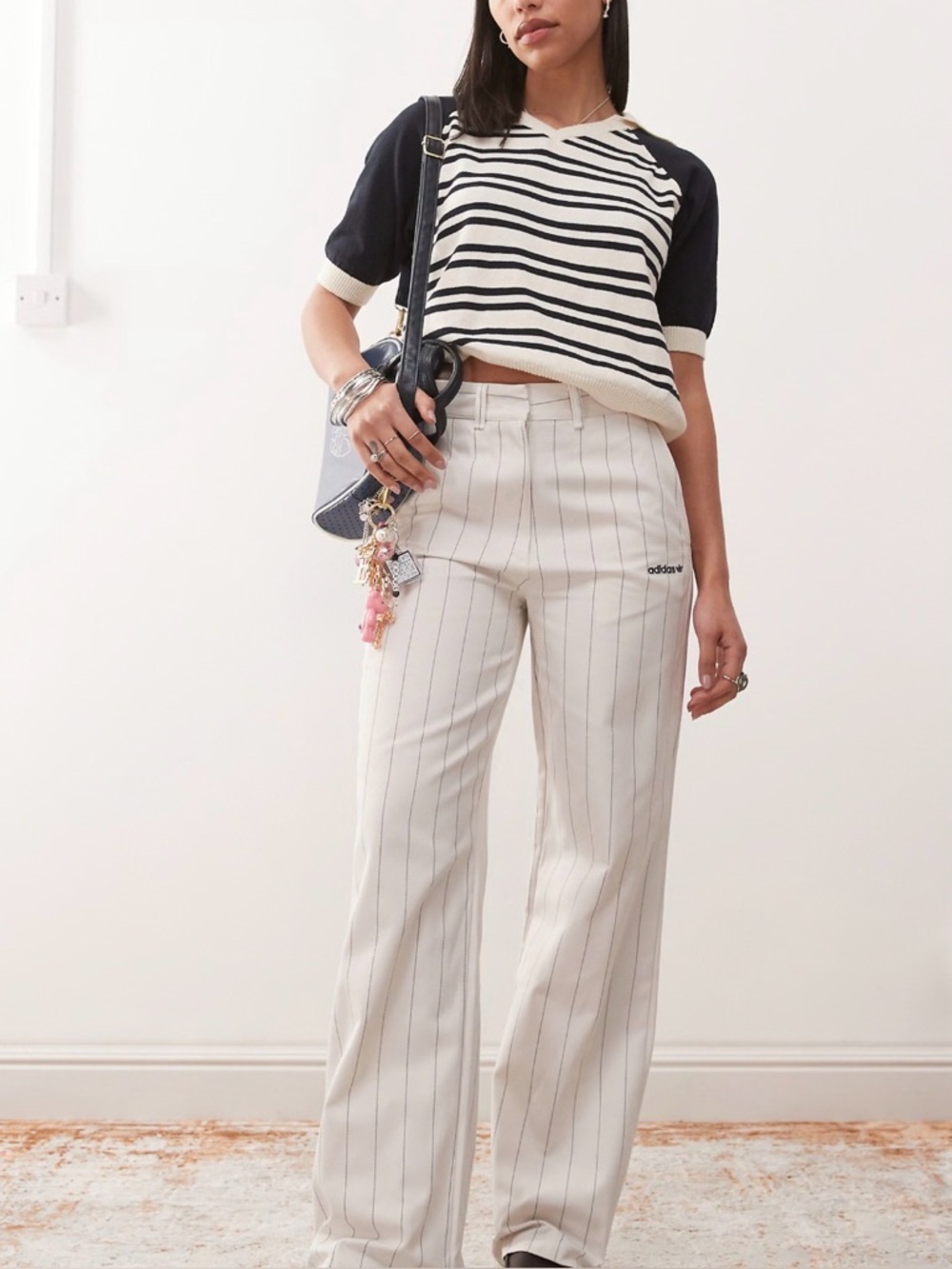 Adidas Cream Pinstripe Wide-Leg Pants
